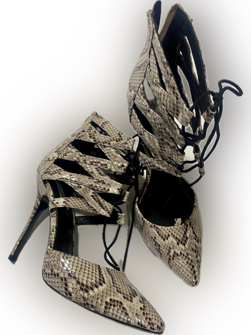 Steve Madden Snakeskin Lace-Up Pointed Toe Heels - Beige/Brown